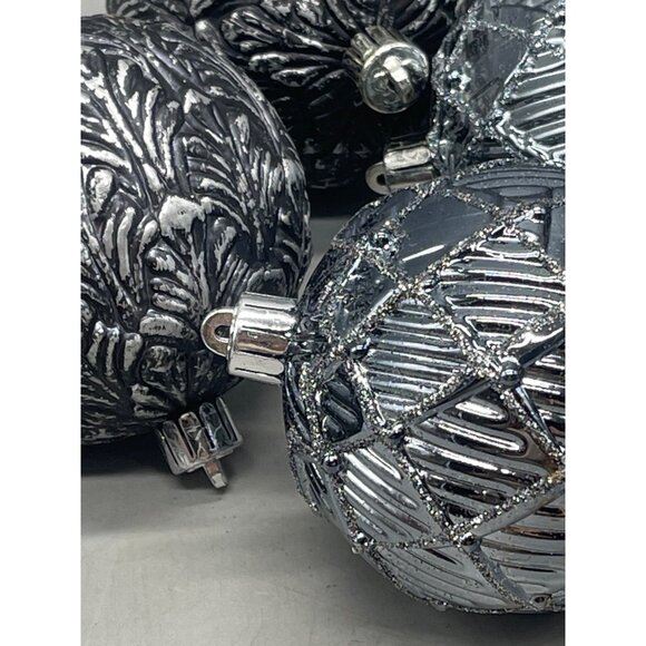 set of 6 Christmas ornament bulbs silver black shine graphic assorted decor READ - Picture 2 of 5